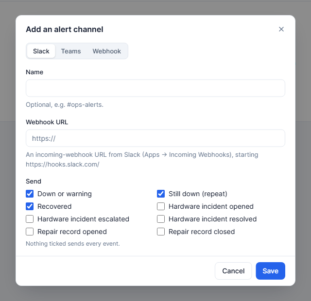 IntelixPulse dialog for adding a Slack, Teams or webhook alert channel and choosing which events to send